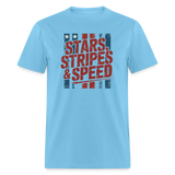 Stars Stripes & Speed Block Logo | Adult T-Shirt - aquatic blue