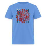 Stars Stripes & Speed Block Logo | Adult T-Shirt - carolina blue