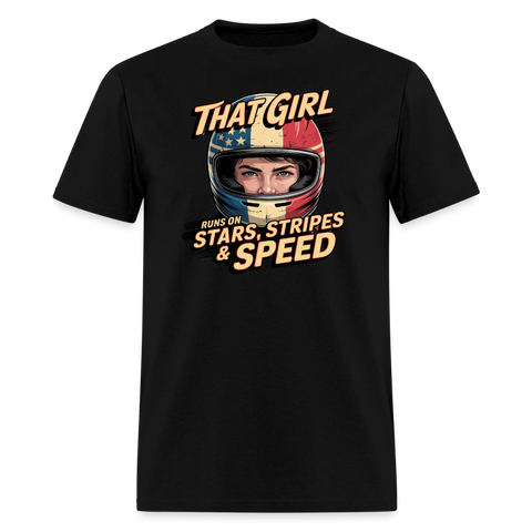 That Girl Runs On Stars Stripes & Speed | Adult T-Shirt - black