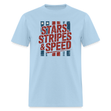 Stars Stripes & Speed Block Logo | Adult T-Shirt - powder blue